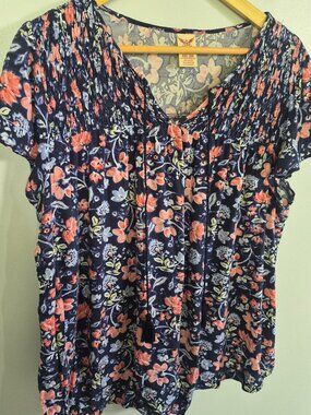 Faded Glory Women’s XXL 20 Floral Rayon Blouse Navy Short Sleeve Peasant Top